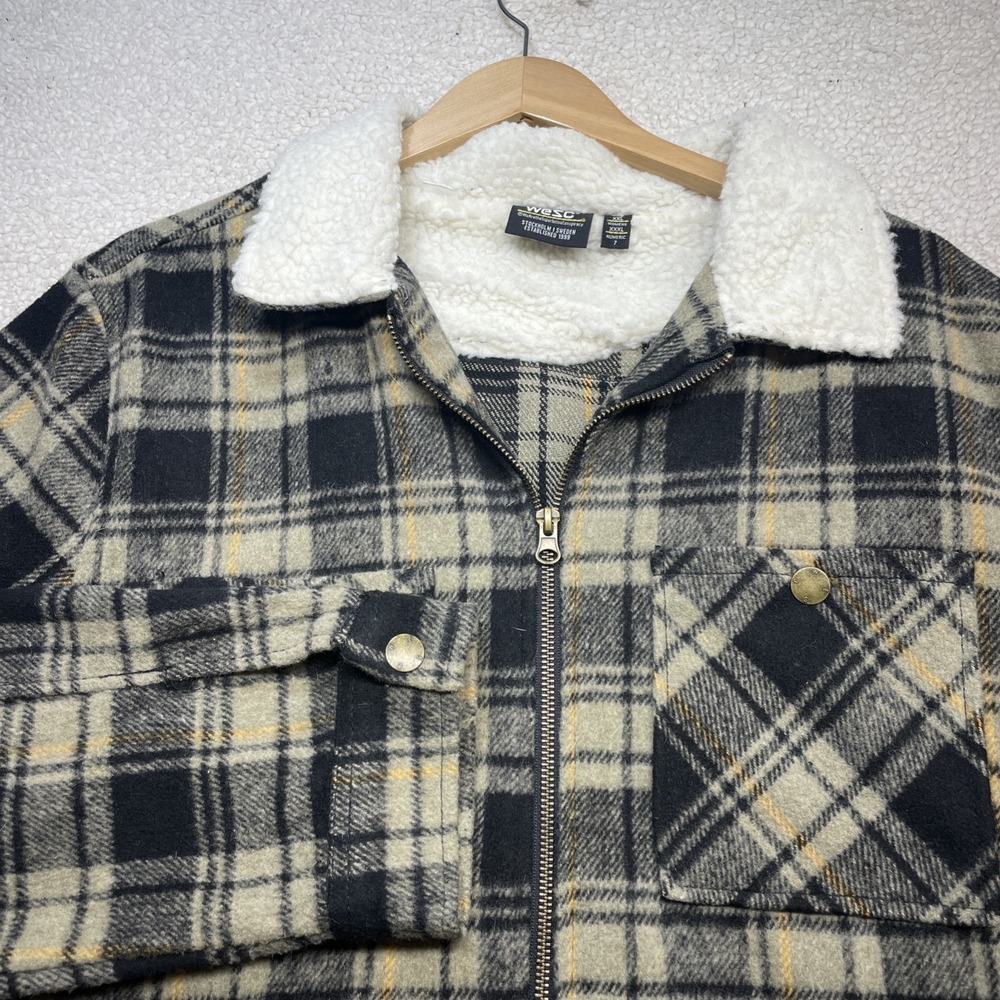 WeSC Shirt Jacket Womens XXXL Black Grey Plaid Sherpa Lined Full Zip Fleece Coat